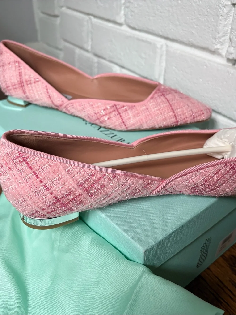 Aquazzura Maia Pink Tweed Pointed Flats with Silver Accent